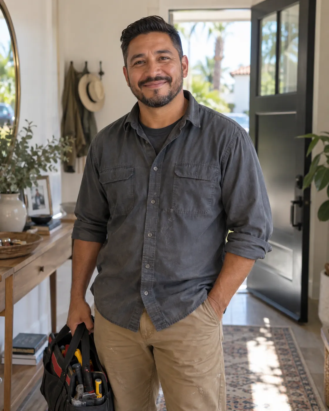 A smiling helper holds his tool bag in a homeowner's hallway